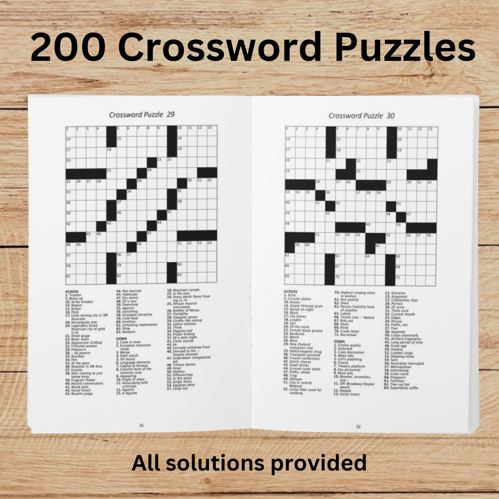 Open crossword puzzle book displaying a crossword puzzle on each page.  Heading text indicates 200 crossword puzzles with solutions are provided inside the book. 