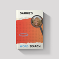 Custom word search book with a personalized cover name; includes a unique magnifying glass graphic displaying a custom photo and a blue-circled word highlight.