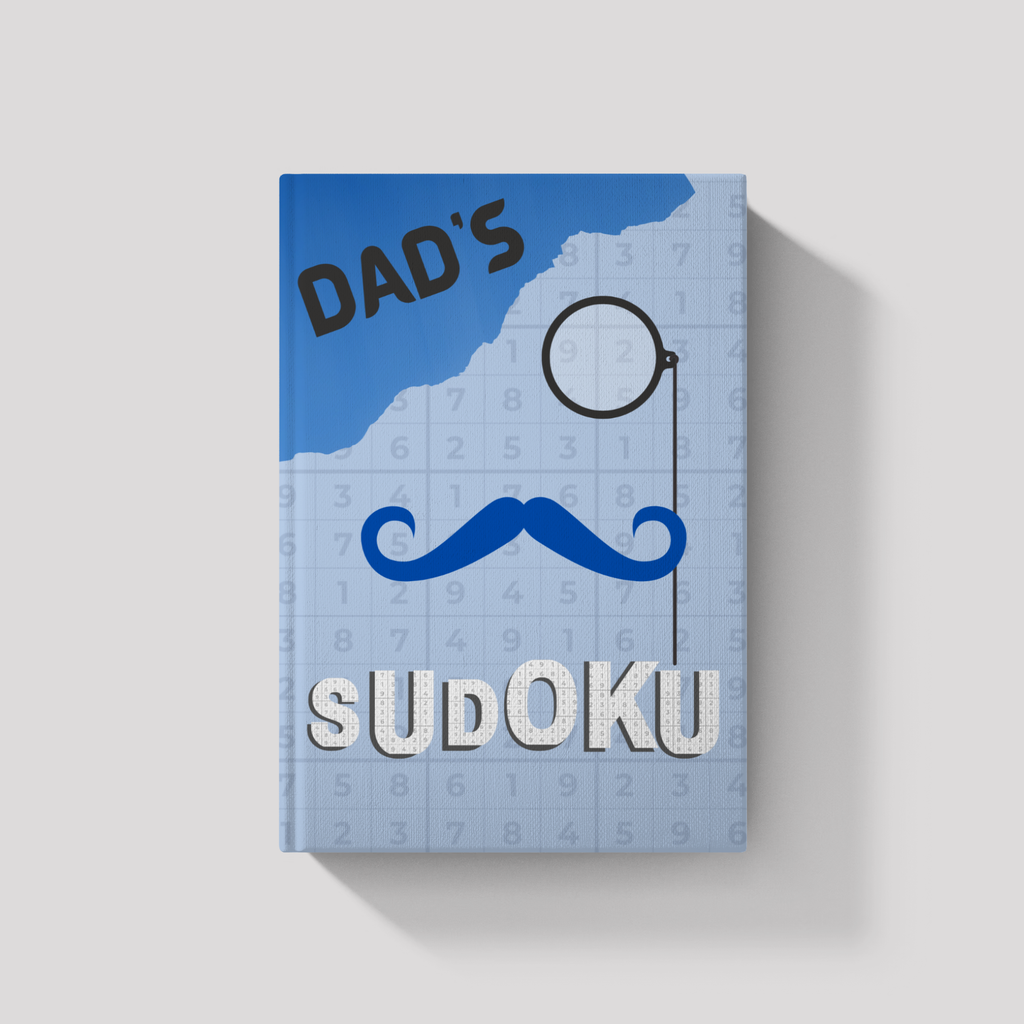 Sudoku book titled 'Dad's Sudoku' with a blue cover and mustache graphic on a light gray background