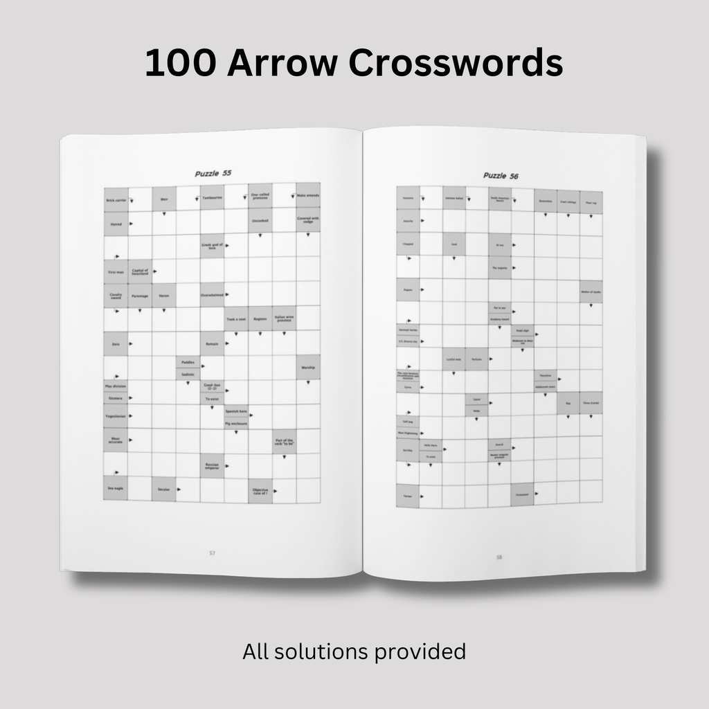 An open puzzle book lying flat on a light gray surface, showcasing two individual 'Arrow Words' crossword grids from a book containing 100 puzzles.