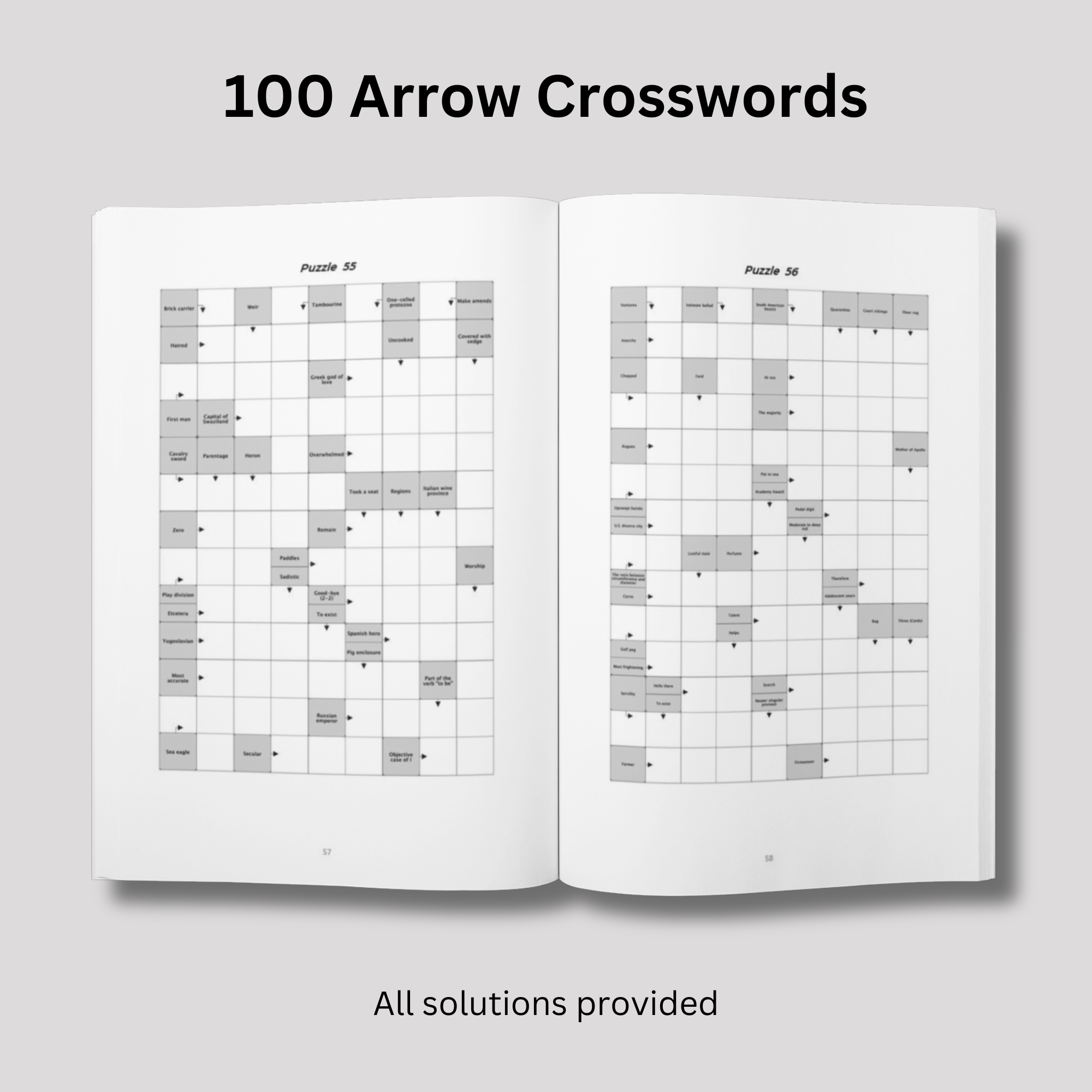 An open puzzle book lying flat on a light gray surface, showcasing two individual 'Arrow Words' crossword grids from a book containing 100 puzzles.