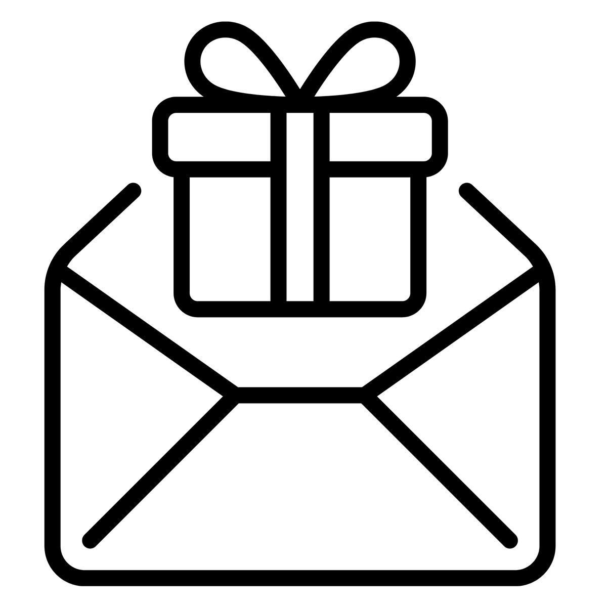 Black line icon of an open envelope with a wrapped gift box and bow above it, on a white background. Teh icon is used to represent a 'gift message.'