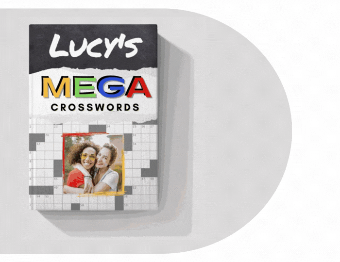 Animated preview of a personalized crossword book, showing the cover title and personal photo seamlessly changing to demonstrate different customization options.
