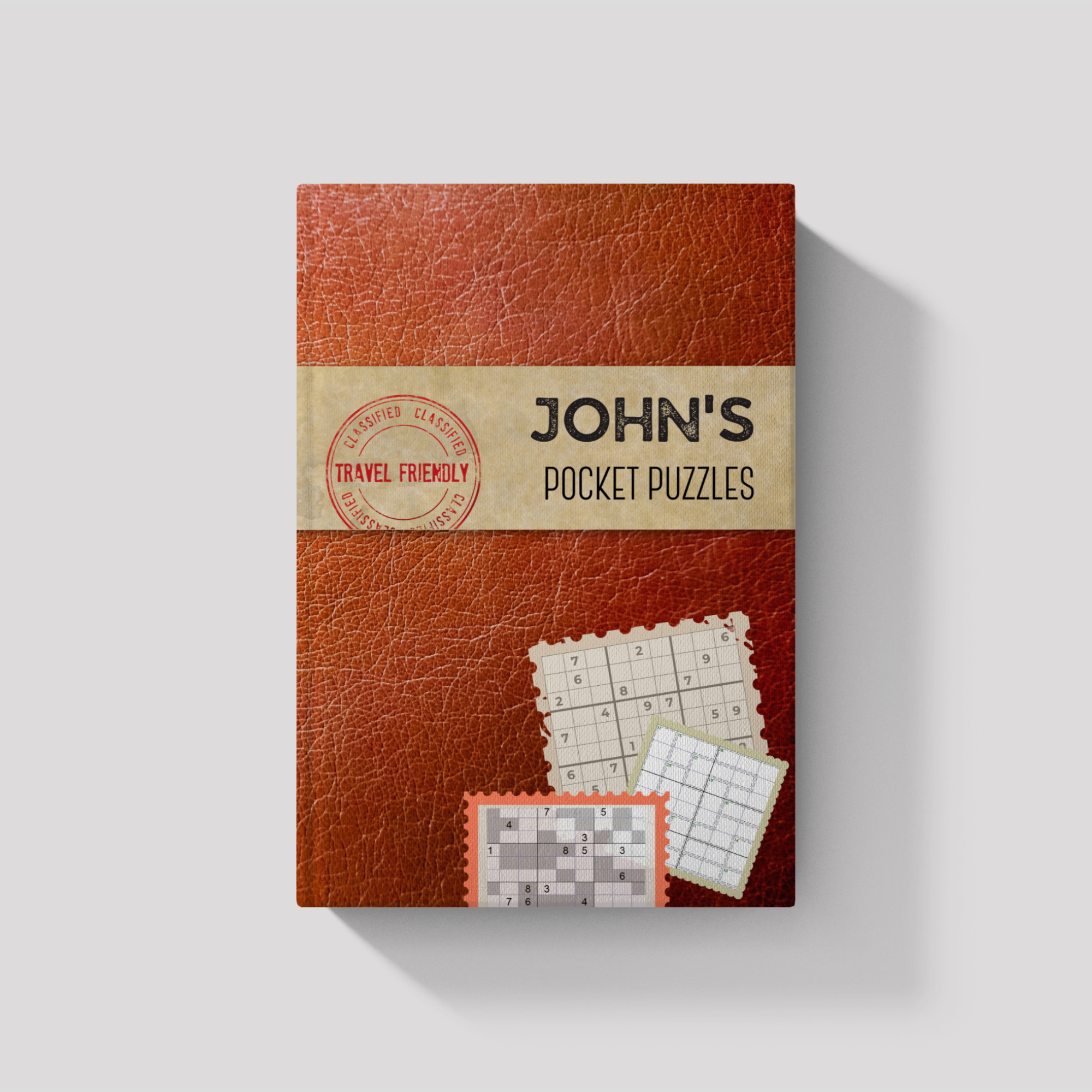 John's Pocket Puzzles packaging with a brown leather texture on a light gray background