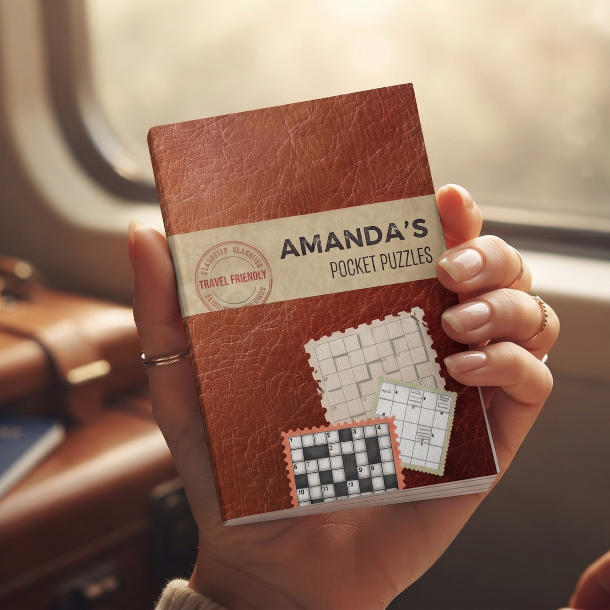 A hand holds a small brown pocket puzzle book titled "Amanda's Pocket Puzzles" in front of a softly blurred train window. The cover has a faux-leather texture, a cream paper band, and sample puzzle illustrations.