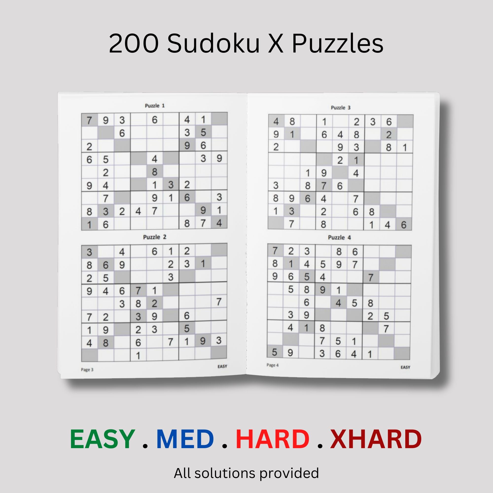 Open Sudoku X puzzle book on a gray background showcasing four sduoku puzzles from a collection of 200 sudoku puzzles ranging from easy to extra hard.