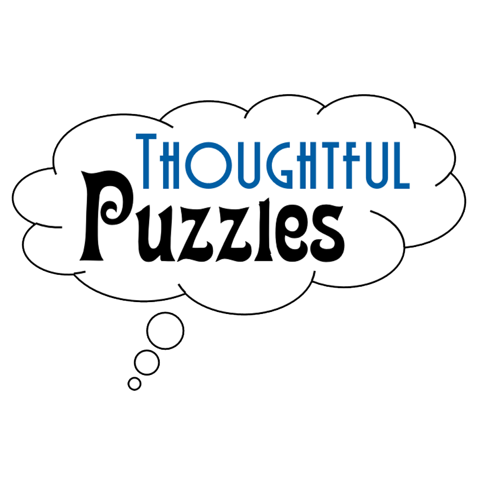 The thoughtful puzzles logo. A white cloud-shaped thought bubble with the words 'THOUGHTFUL Puzzles' in blue and black text, on a plain white background.