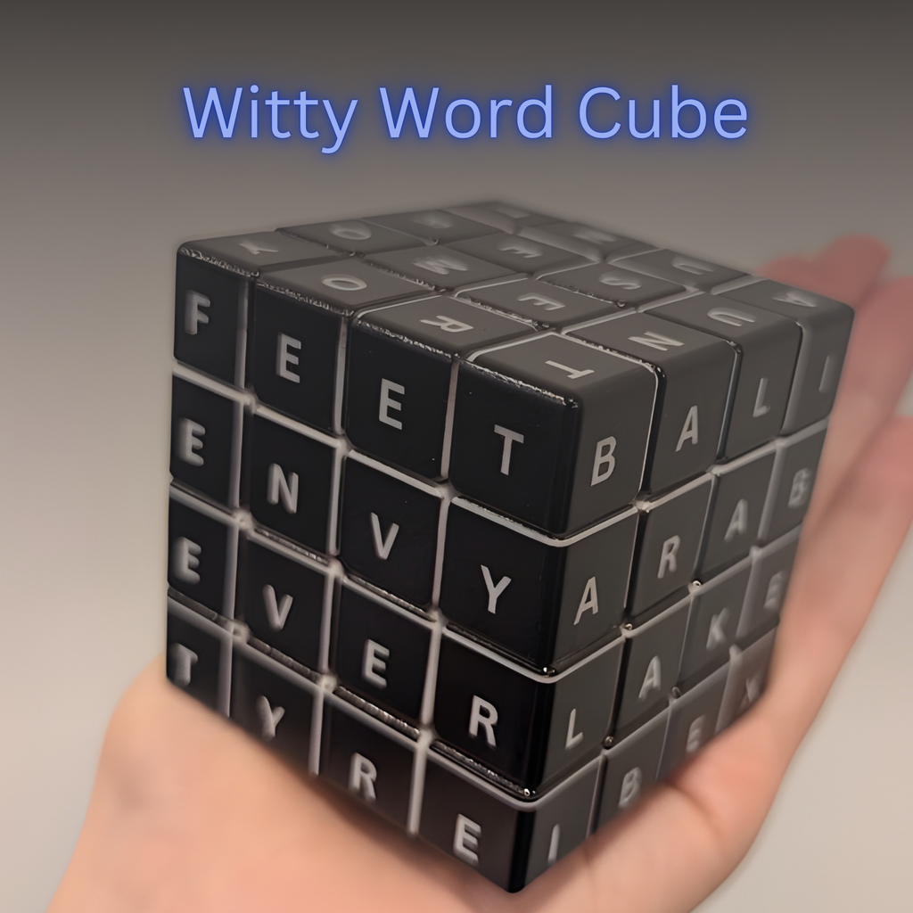 Black Witty Word Cube held in a hand with a gray background
