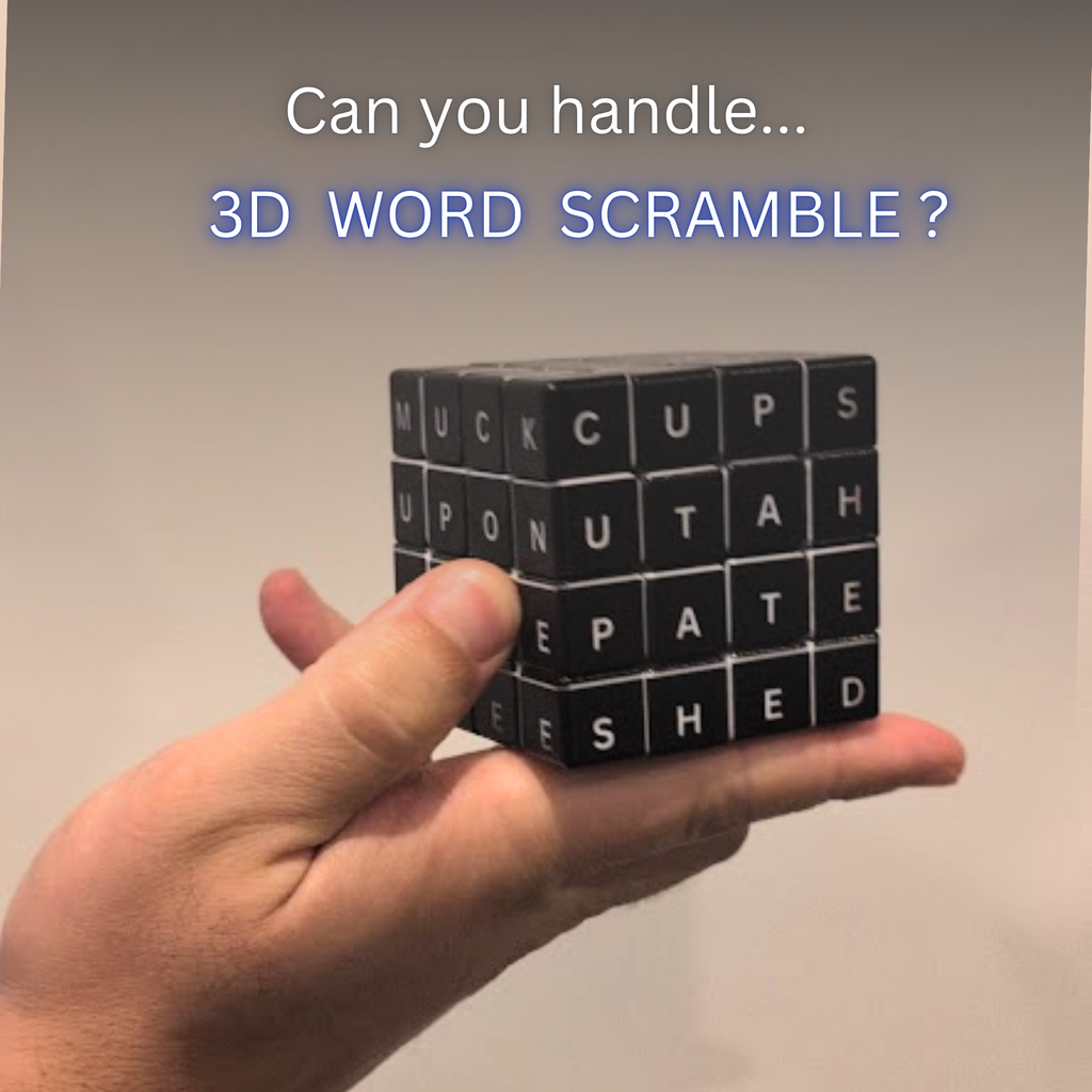 Hand holding a 3D word scramble puzzle with text above asking if you can handle it.