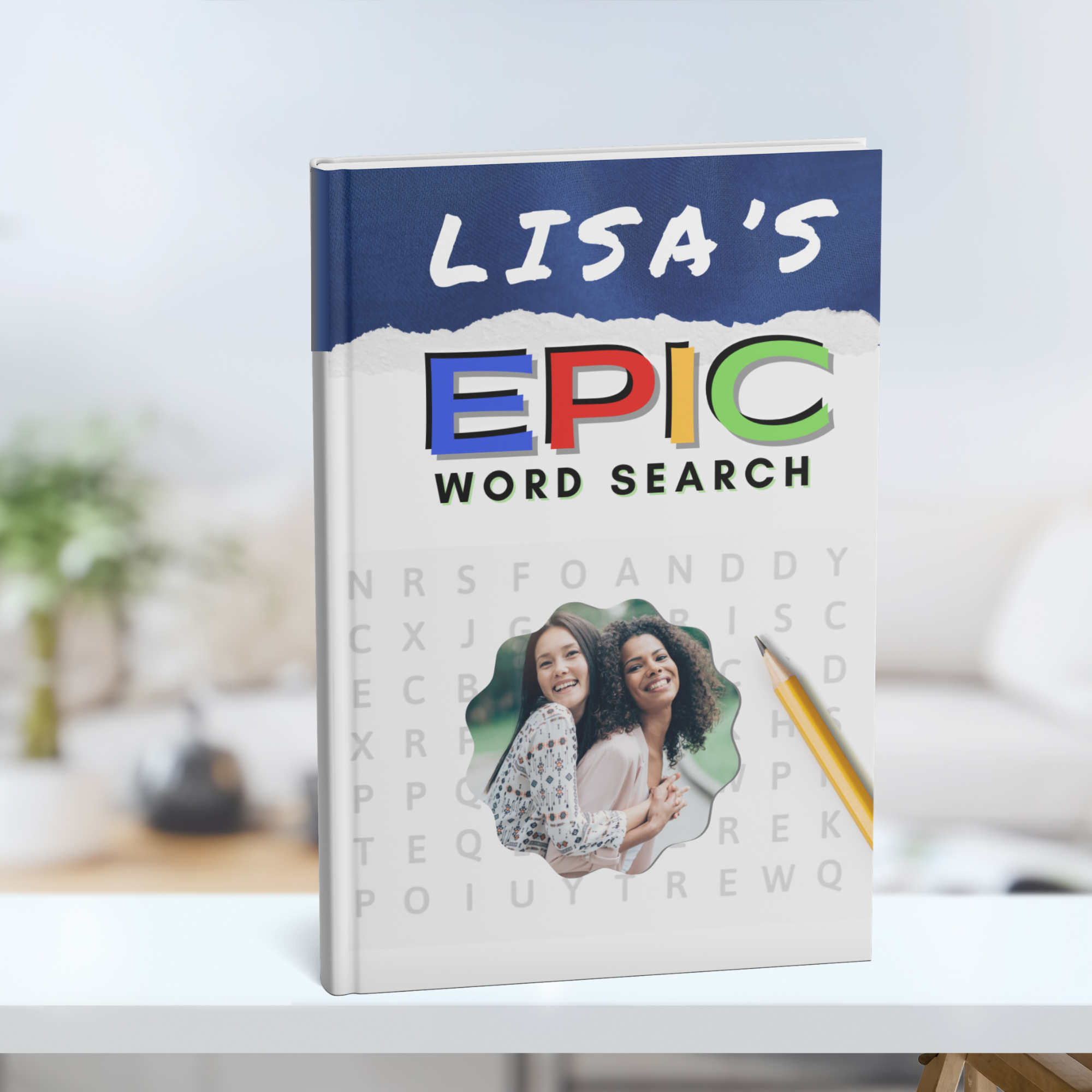 Upright Epic Word Search book on a white table featuring a personalized cover with the name 'Lisa's' and a custom photo integrated into the design.