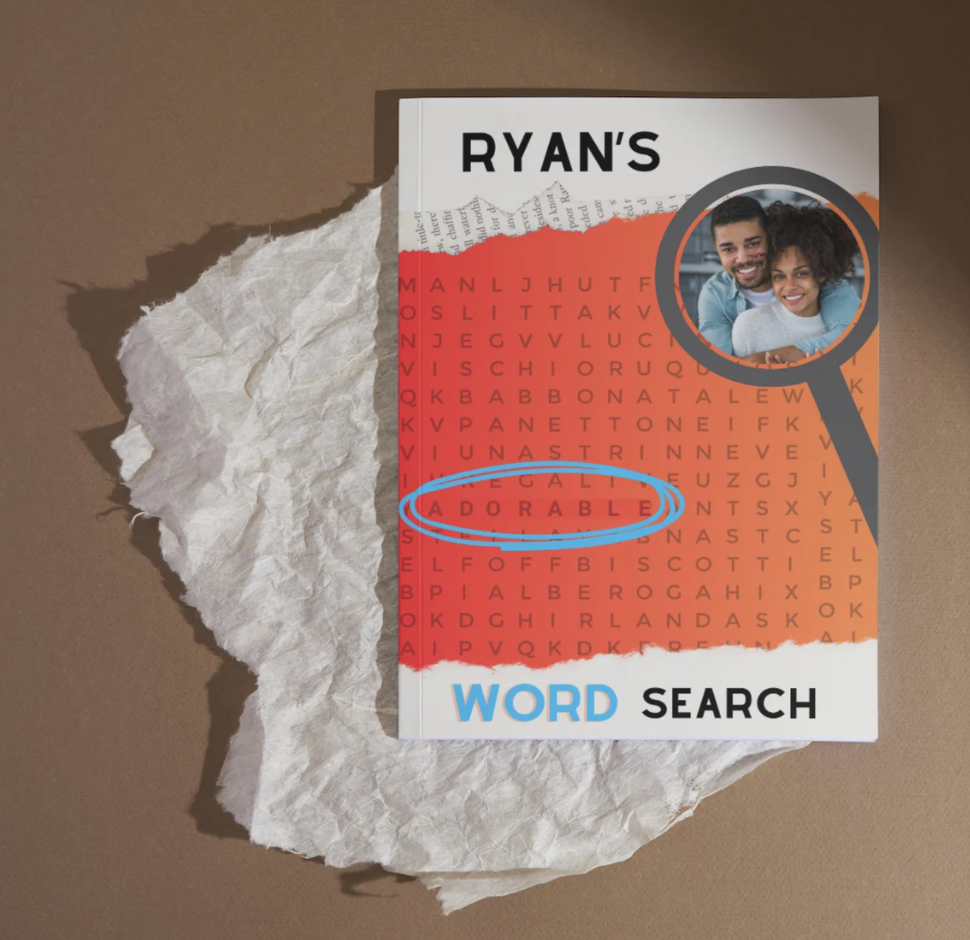 Personalized word search book titled 'Ryan's Word Search' with a couple photo and magnifying glass graphic on a textured brown background.