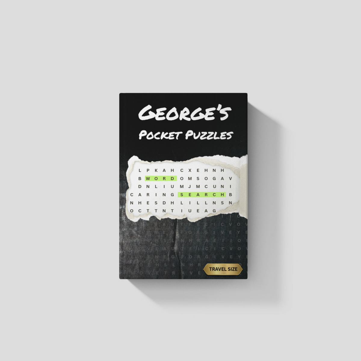 Black word search book with rip across the center revealing word search puzzle and the words 'word' and 'search' highlighed. The book has a little badge on the bottom with the text travel friendly