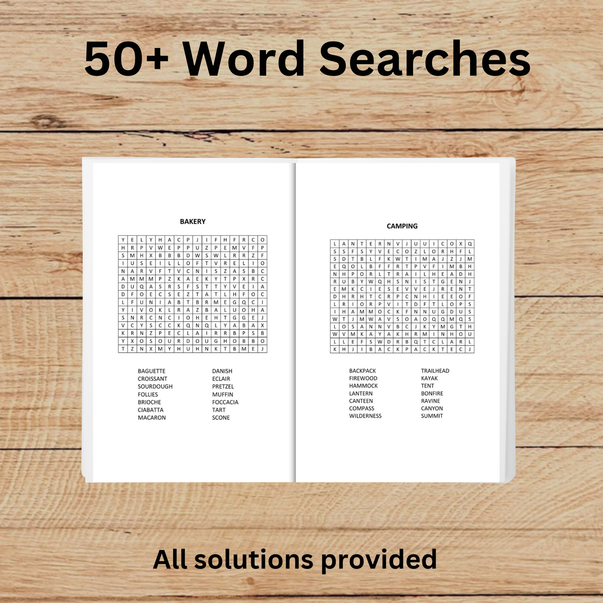 Word search book open on wooden table displaying two themed puzzles. Text indicates over 50 puzzles are included with solutions provided. 