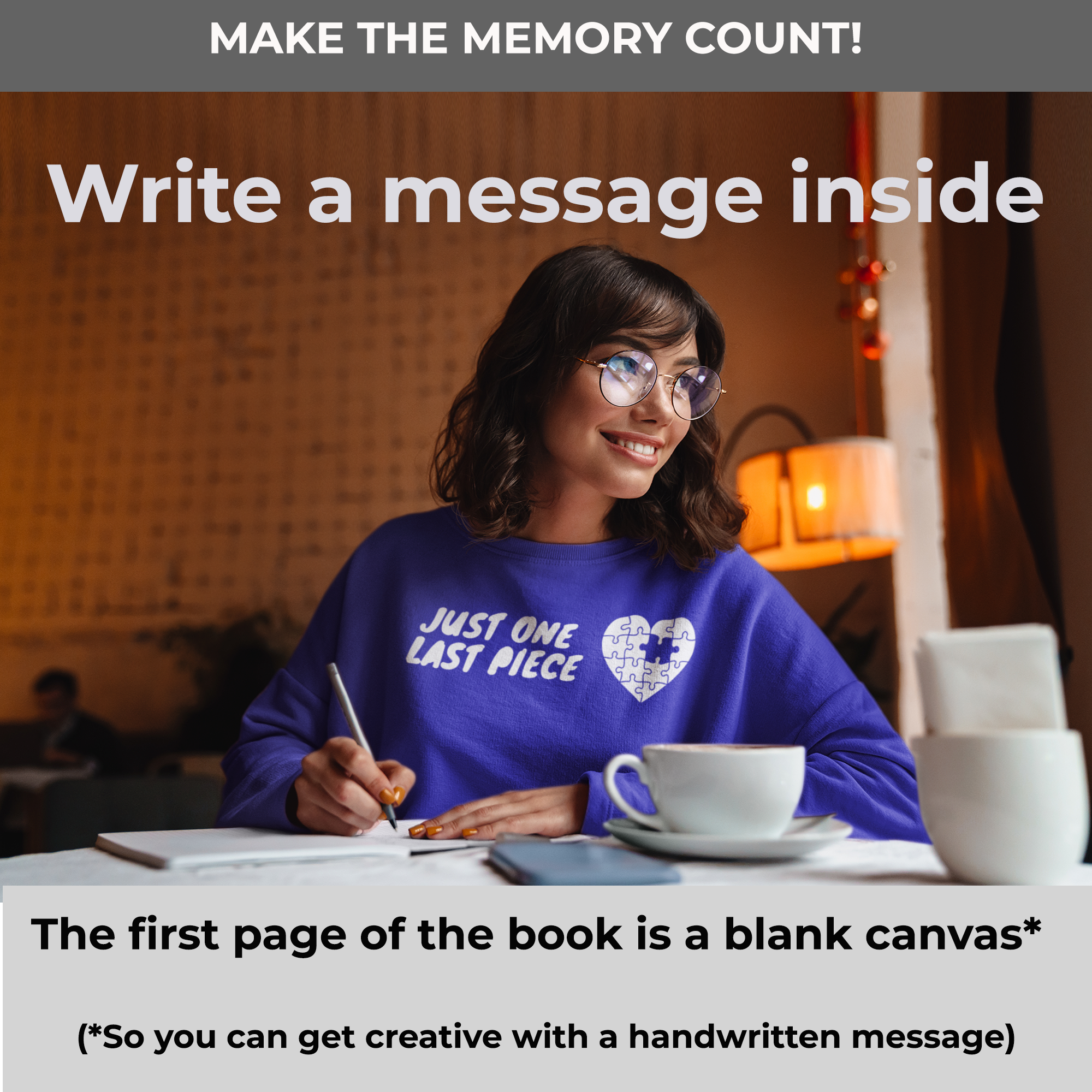 Lady smiling and writing a message inside a the sudoku book, which has the first page blank for your gift message