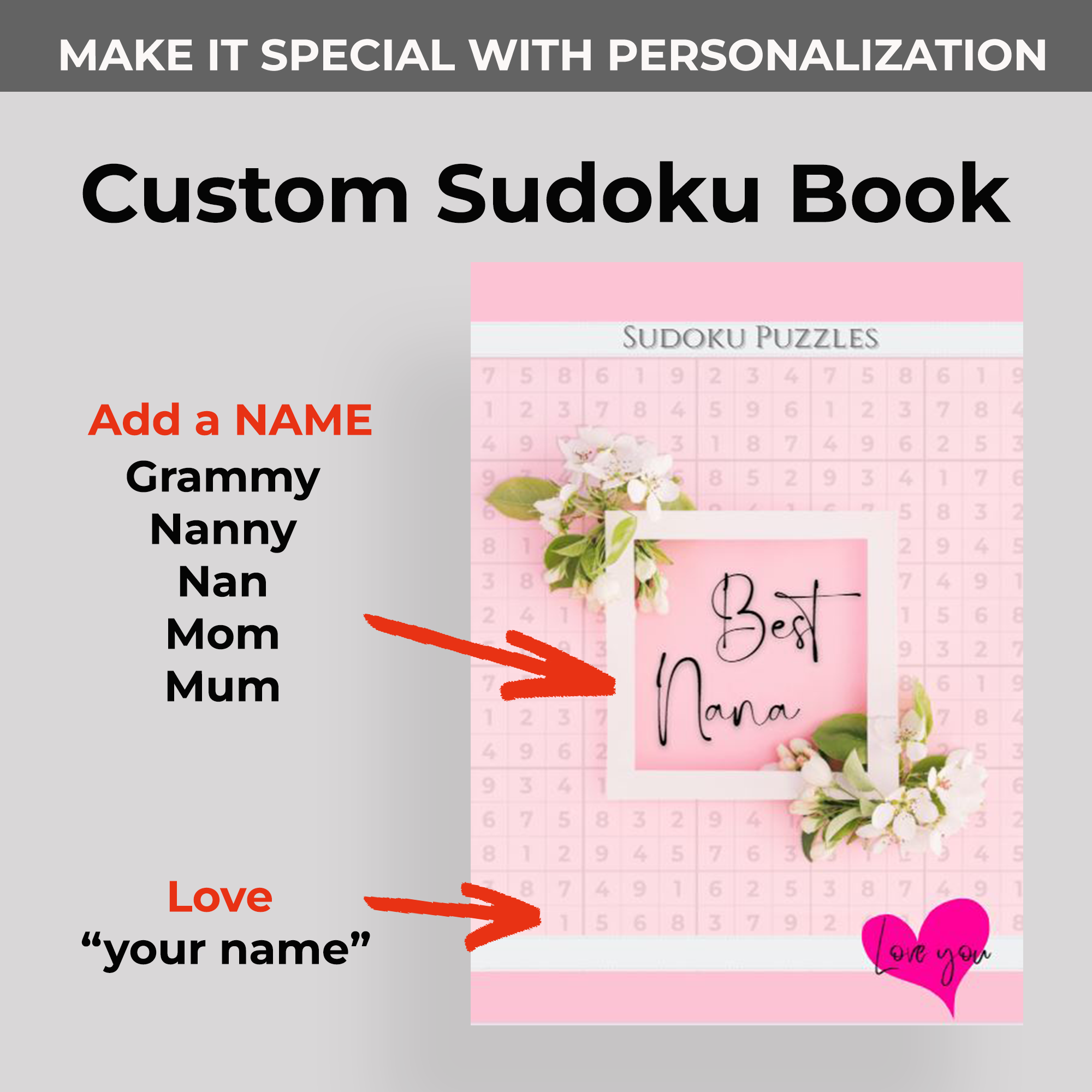 Instructions how to personalize the cover of the book with a custom name such as Best Nanny or Best Mum and put your name in a love heart on the cover. 