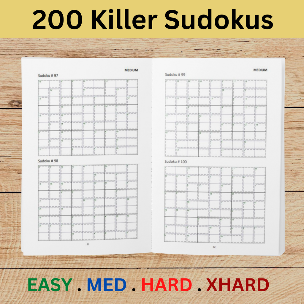 An open puzzle book lying flat on a light gray surface, showcasing four killer sudoku grids from a book containing 200 puzzles in difficulties easy to extra-hard.