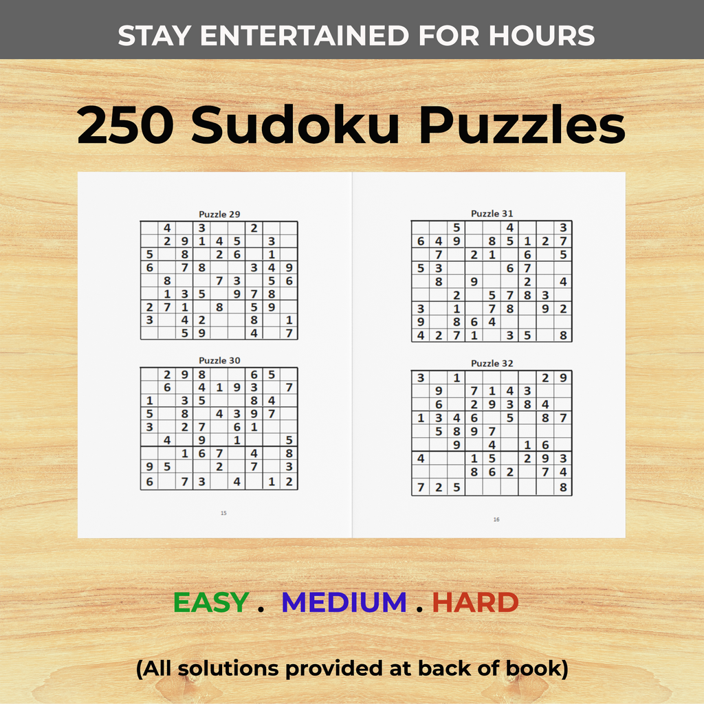 Open Sudoku puzzle book showcasing four interior grids from a collection of 250 puzzles ranging from easy to extra-hard difficulty with solutions provided in back of book. 