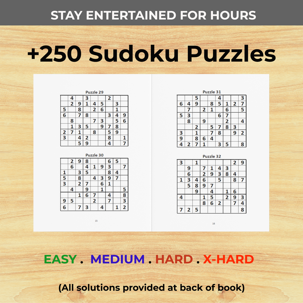 Open sudoku book showcasing four sudoku puzzles from a collection of 250 puzzles ranging from easy to extra hard