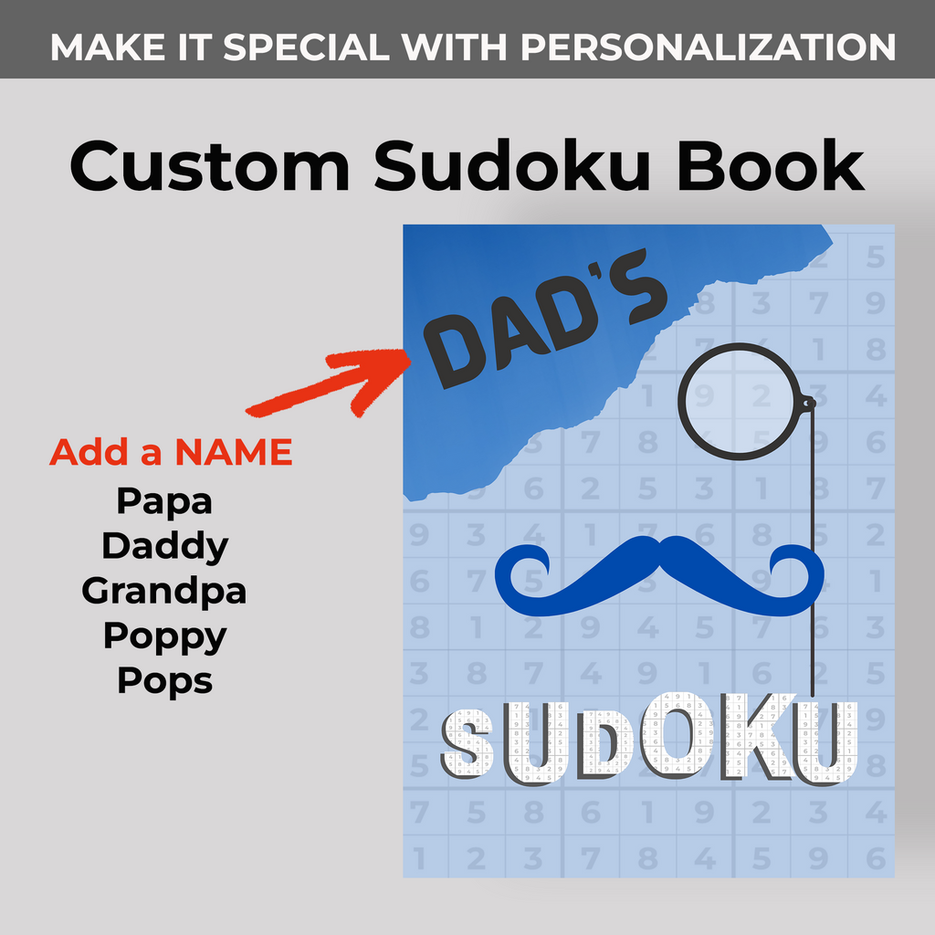A Sudoku book titled 'DAD'S' with a mustache and monocle illustration. A sub-header explains that the title is an example and can be swapped for 'Grandpa,' 'Poppy,' or 'Daddy' during checkout.