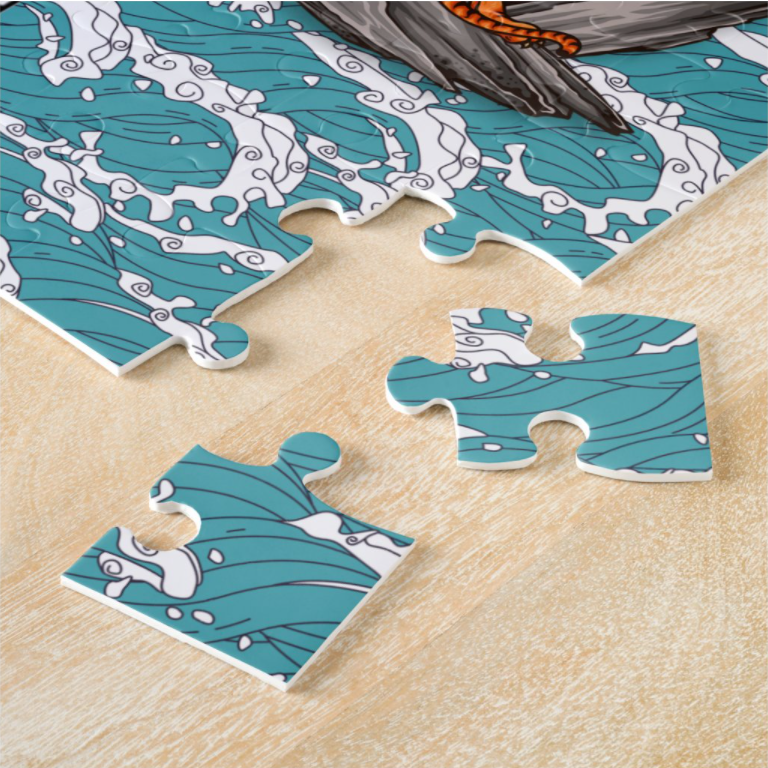 Close up of the samurai sudoku jigsaw puzzle piece corner on a wooden table