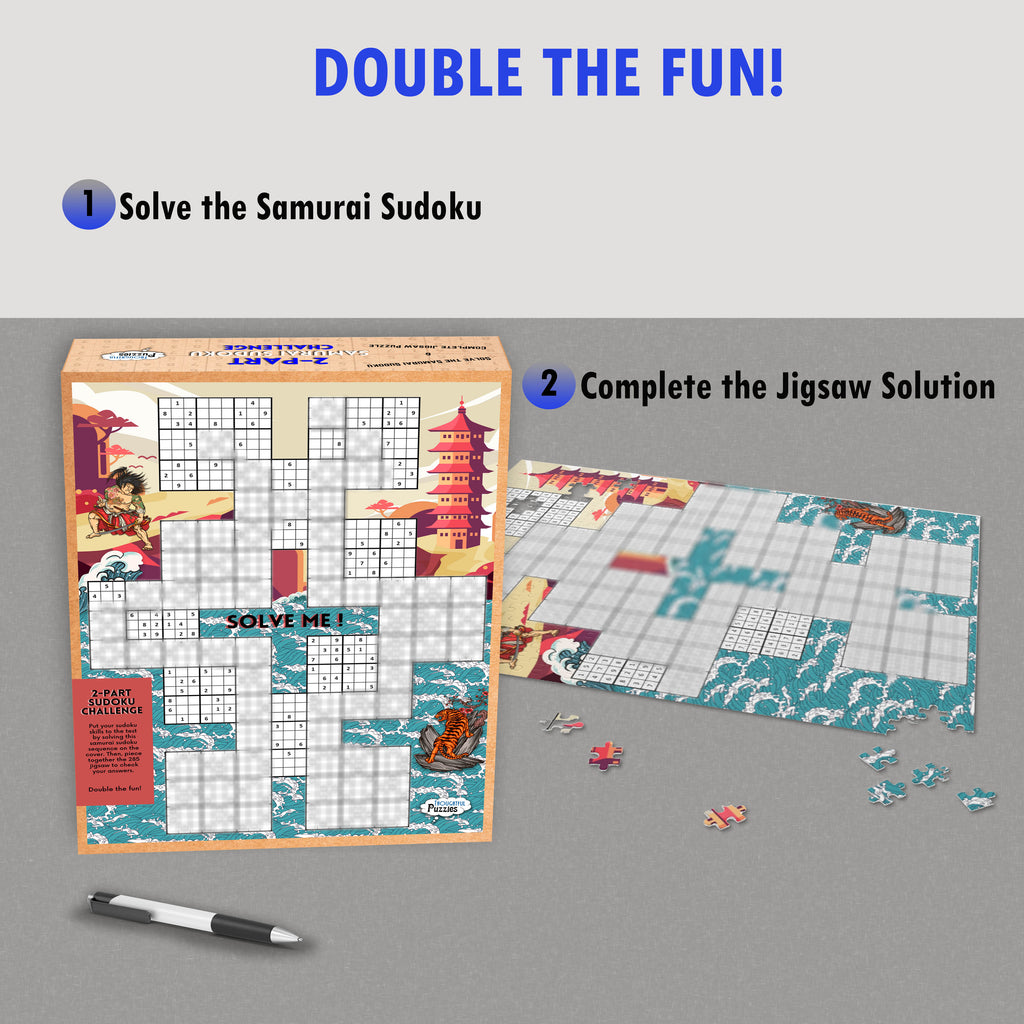 Samurai Sudoku Jigsaw Puzzle Game box showing the two-stage challenge: solving the grid on the box and assembling the jigsaw.