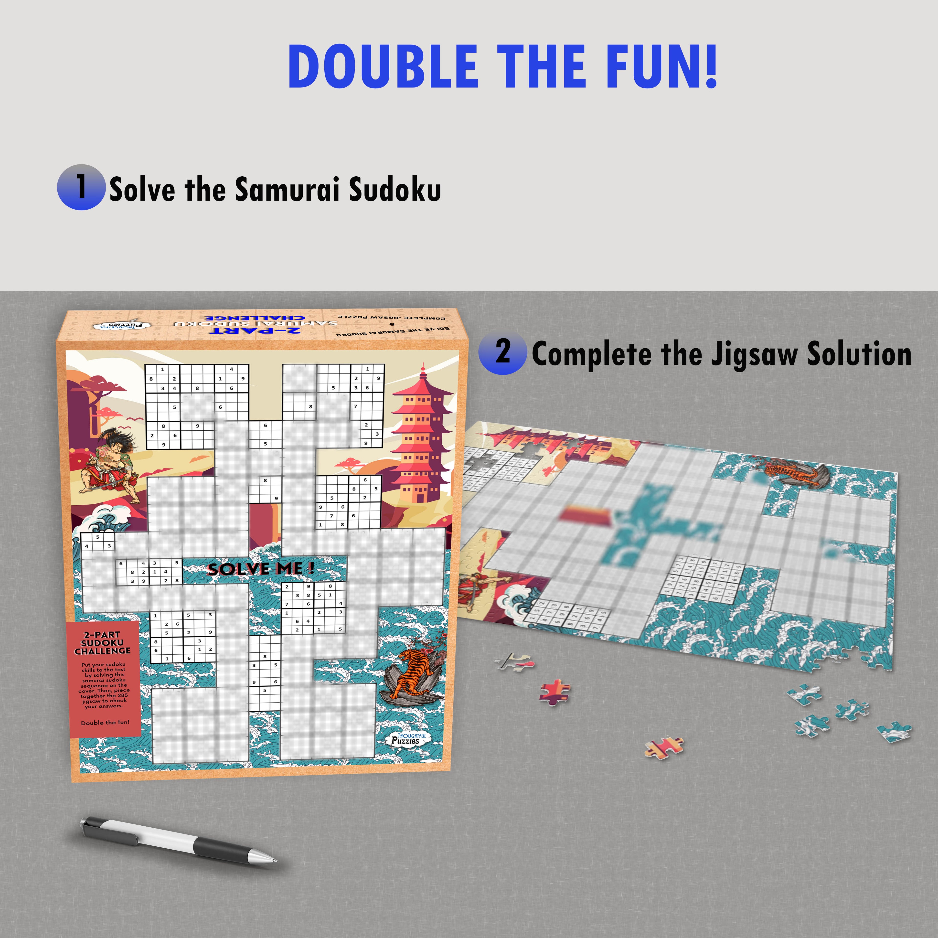 Samurai Sudoku Jigsaw Puzzle Game box showing the two-stage challenge: solving the grid on the box and assembling the jigsaw.