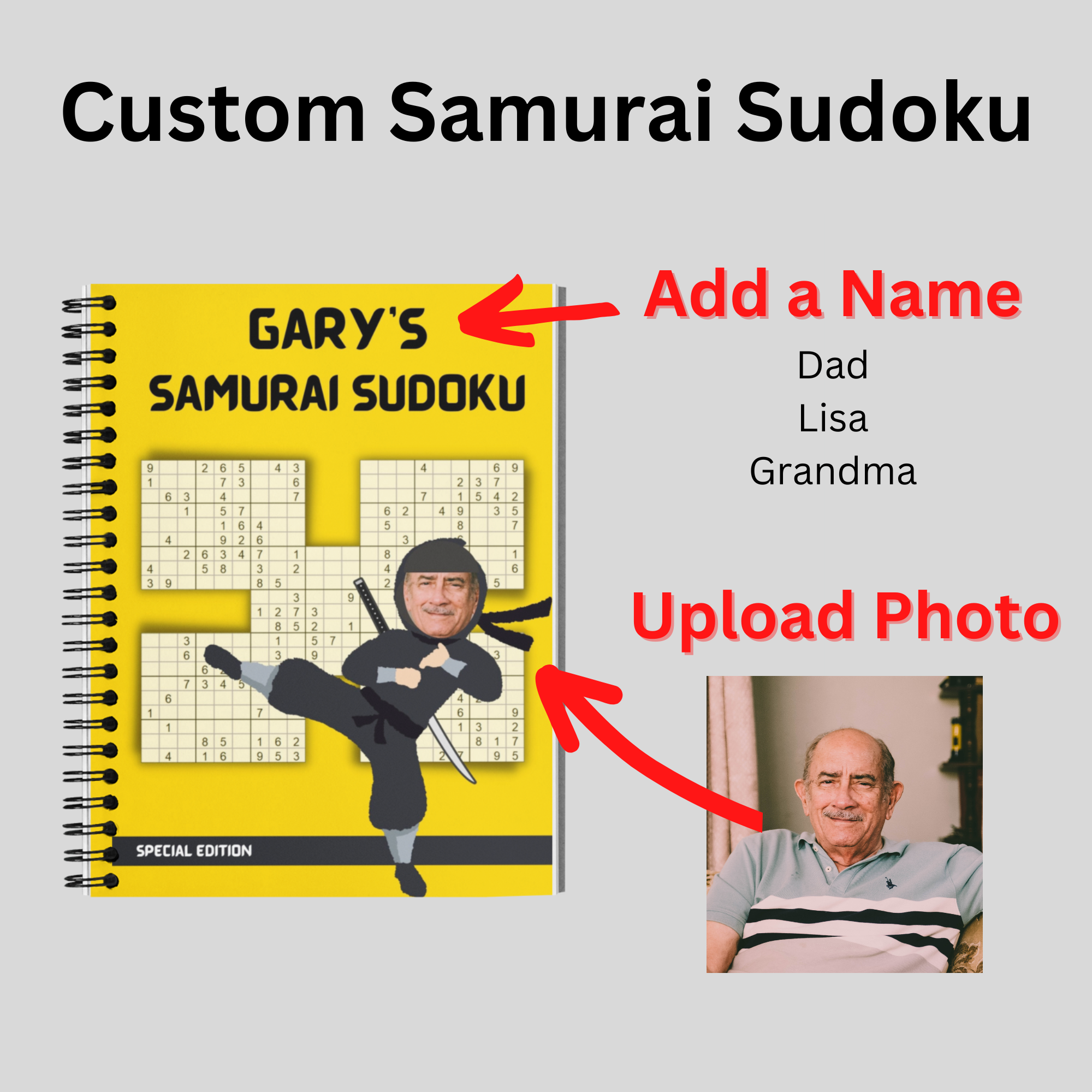 Samurai Sudoku Puzzle Book | Personalize the cover samurai ninja with your name and face