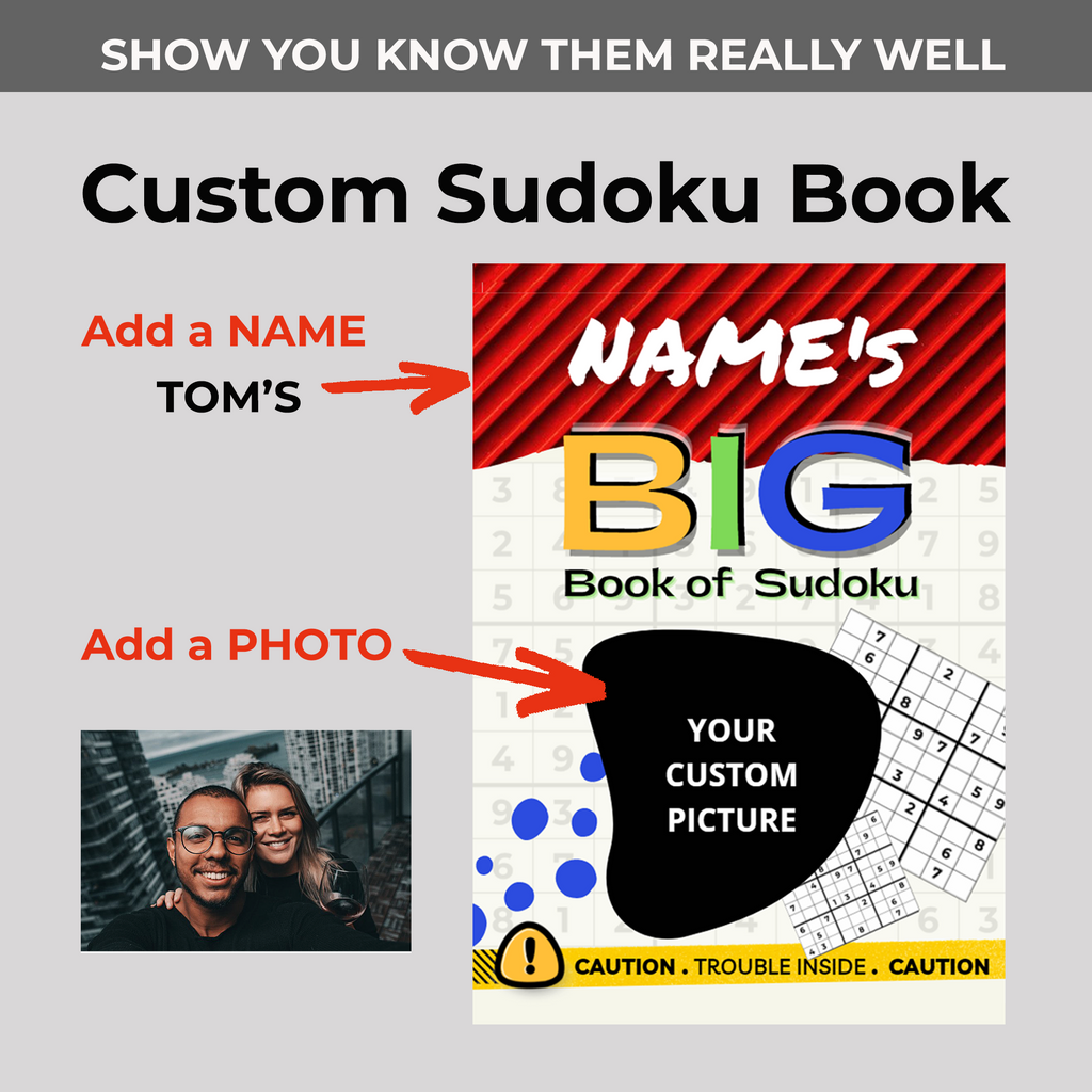Custom Sudoku gift personalization guide; instructional graphic for adding a bespoke name and personal photo to a custom-made puzzle book cover